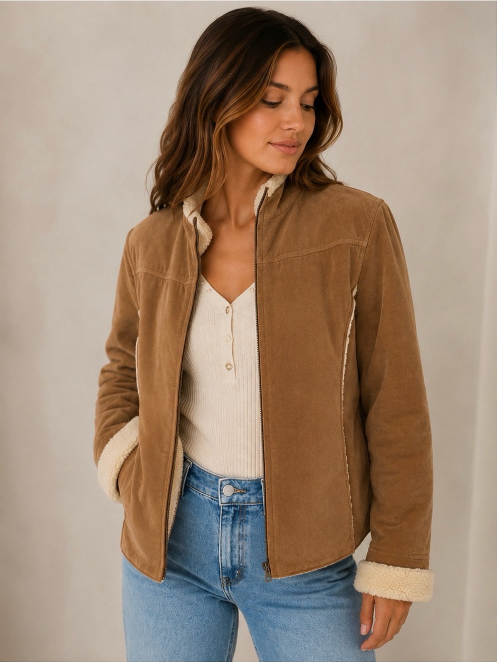 Co & Eddy women’s tan camel suede faux shearling lined jacket size 10 zip front